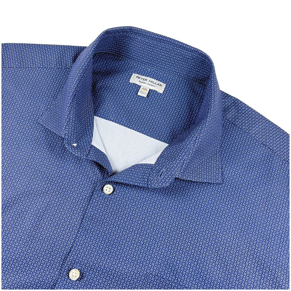Peter Millar Bloques Sport Shirt XXL Blue Geo Performance Golf Summer Comfort